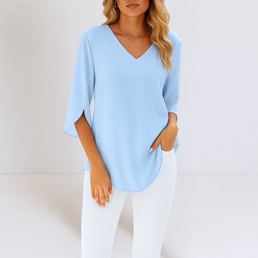ANIKA™ | ELEGANT BLUS MED V-RINGNING OCH SPLITTADE ÄRMAR