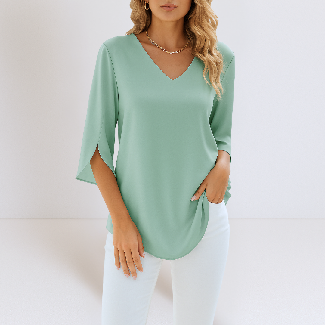 ANIKA™ | ELEGANT BLUS MED V-RINGNING OCH SPLITTADE ÄRMAR